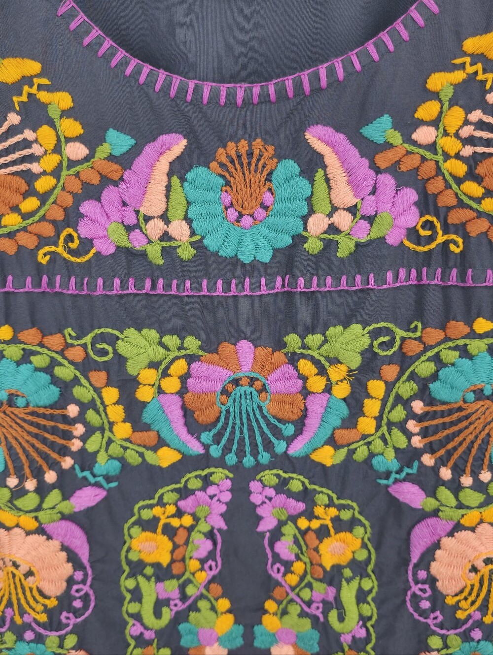 Sister Mary Embroidered Cotton Tunic Dress Large Gray Boho Folk Floral Artisan - Picture 6 of 16